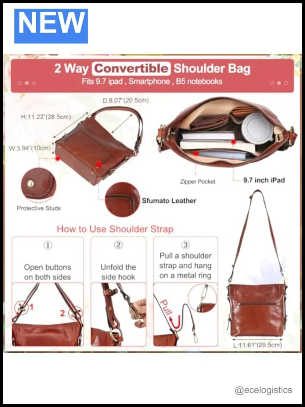 Hobo Italian Full Grain Leather Purse Crossbody Fits iPad